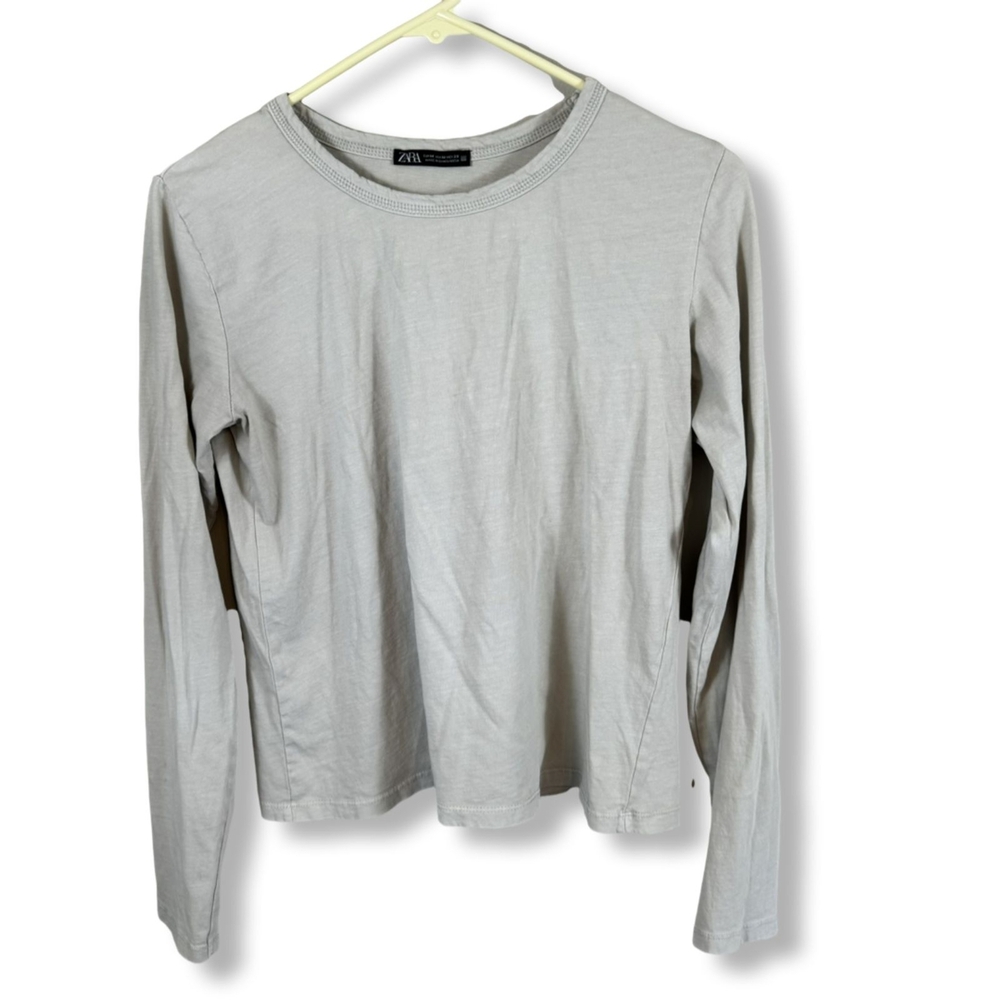 Zara Shirt Top Women’s M Beige/Tan Long Sleeve Crew Neck Pullover #W 78